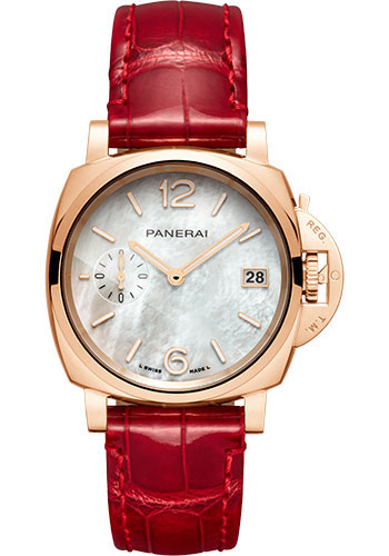 Panerai Luminor Due Polished Goldtech 38 MM - Red Alligator Shiny Strap - White Mother Of Pearl Dial - PAM01280