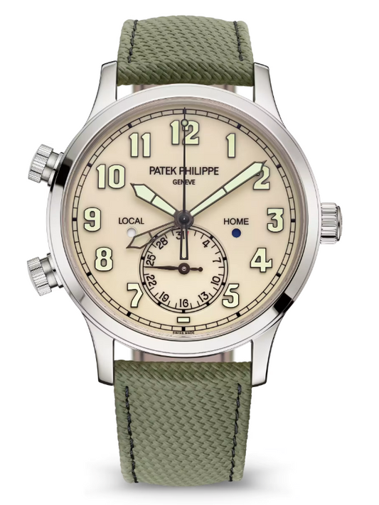 Patek Philippe Calatrava Pilot Travel Time - White Gold - 42 MM - Ivory Dial - Composite Fabric Strap - 5524G-010