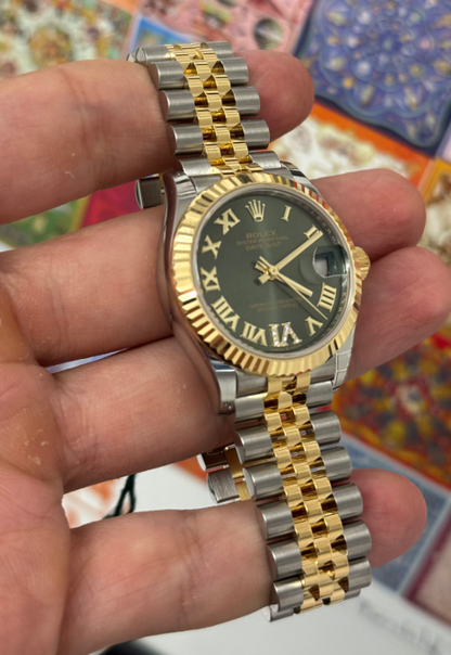 Rolex Steel and Yellow Gold Datejust - 31 MM - Jubilee Bracelet - Fluted Bezel - Olive Green Diamond Roman Six Dial - 278273-0016