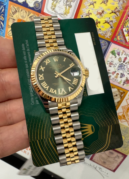 Rolex Steel and Yellow Gold Datejust - 31 MM - Jubilee Bracelet - Fluted Bezel - Olive Green Diamond Roman Six Dial - 278273-0016