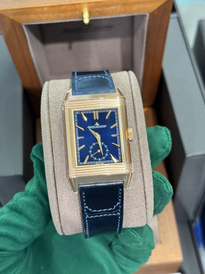 JLC - Reverso Tribute Duoface Small Seconds - 47 MM x 28.3 MM - Pink Gold - Blue/Silvered Dial - Blue Strap - JLC Q3982590