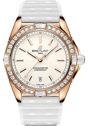 Breitling Chronomat Rose Gold 38 MM - White Rubber Strap - Diamond Bezel - Cream Dial - R17356531G1S1