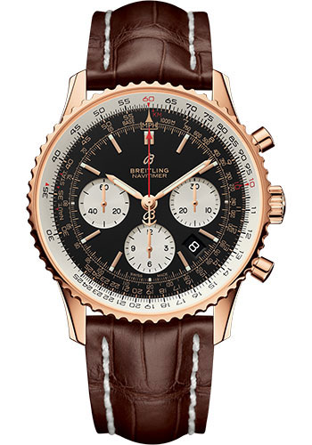 Breitling Navitimer Rose Gold 43 MM - Brown Leather Strap  - Black  Dial - RB0121211B1P1