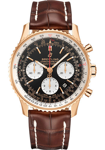 Breitling Navitimer Rose Gold 43 MM - Brown Leather Strap  - Black  Dial - RB0121211B1P2