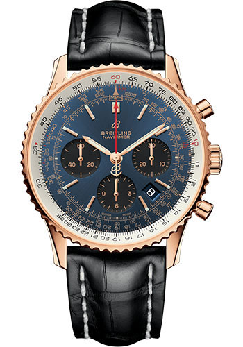 Breitling Navitimer Rose Gold 43 MM - Black Leather Strap  - Blue Dial - RB0121211C1P1