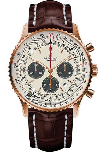 Breitling Navitimer Rose Gold 46 MM - Brown Leather Strap  - Silver Dial - RB0127121G1P1