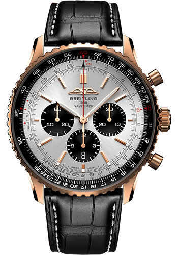 Breitling Navitimer Rose Gold 46 MM - Black Leather Strap  - Silver Dial - RB0137241G1P1