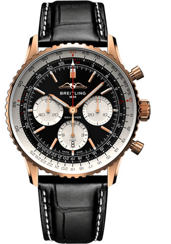 Breitling Navitimer Rose Gold 43 MM - Black Leather Strap  - Black  Dial - RB0138211B1P1