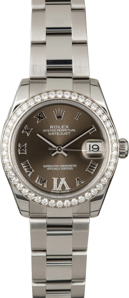 Rolex Datejust Stainless Steel - 31 MM - Oyster Bracelet - Diamond Bezel - Grey Diamond Dial - 178384 o GRD