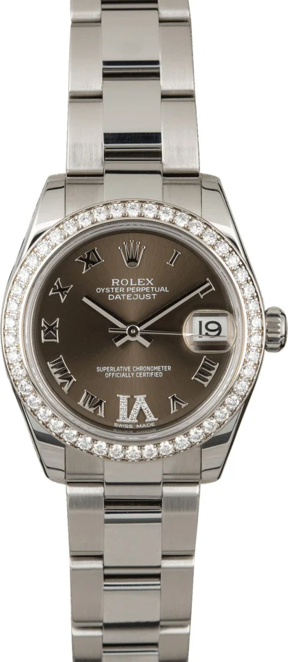 Rolex Datejust Stainless Steel - 31 MM - Oyster Bracelet - Diamond Bezel - Grey Diamond Dial - 178384-0026