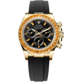 Rolex Yellow Gold Daytona Watch - 40 MM - Oysterflex Strap - Black Diamond Dial - Orange Baguette Sapphire Bezel - 116588SACO