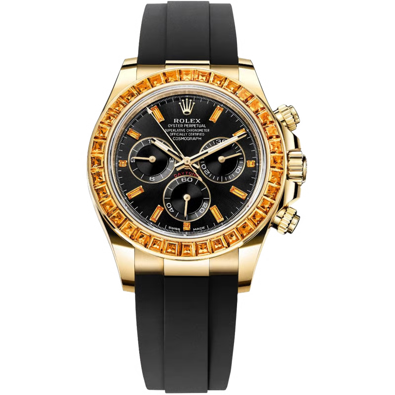 Rolex Yellow Gold Daytona Watch - 40 MM - Oysterflex Strap - Black Diamond Dial - Orange Baguette Sapphire Bezel - 116588SACO