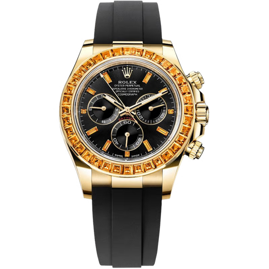 Rolex Yellow Gold Daytona Watch - 40 MM - Oysterflex Strap - Black Diamond Dial - Orange Baguette Sapphire Bezel - 116588SACO