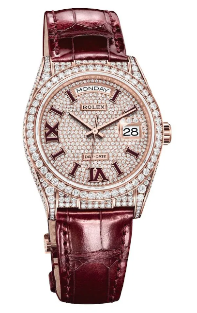 Rolex Day Date 36 MM - Rose Gold - Diamond Pavé Burgundy Dial - Diamond Bezel - Burgundy Alligator Leather Strap - 128155RBR-0002