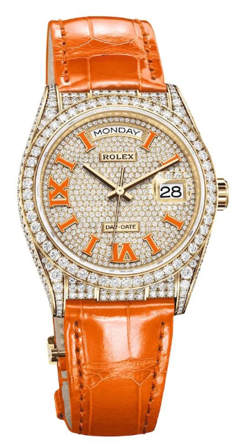 Rolex Day Date 36 MM - Yellow Gold - Diamond Pavé Orange Dial - Diamond Bezel - Orange Alligator Leather Strap - 128158RBR-0002