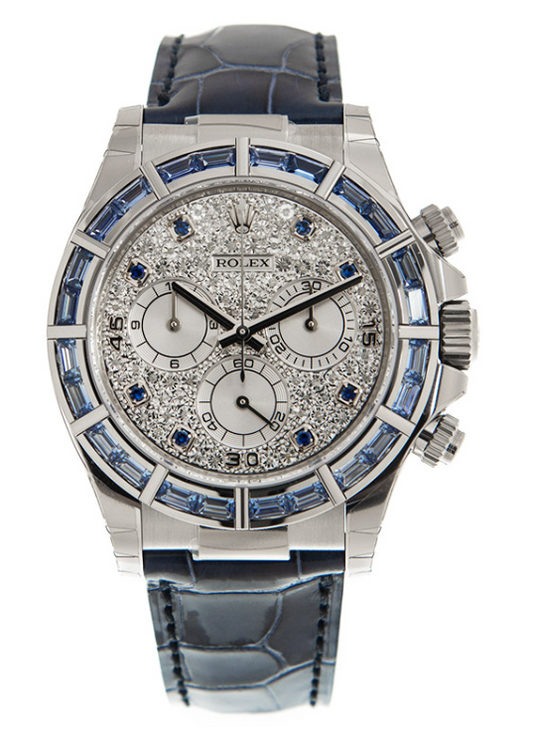 Rolex White Gold Daytona Watch - 40 MM - Blue Leather Bracelet - Pave Diamond Dial - 116589SACI