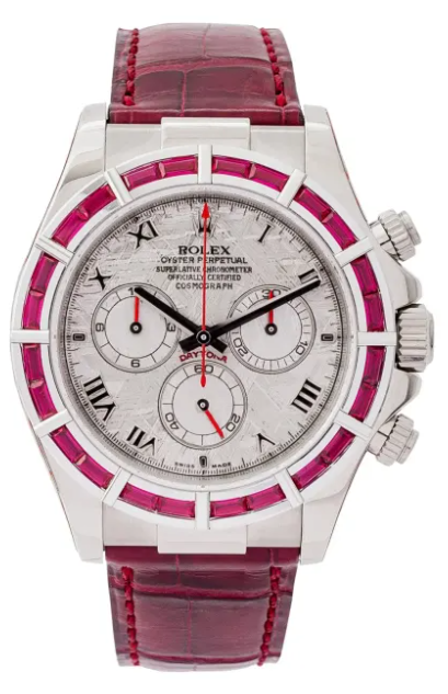 Rolex White Gold Daytona Watch - 40 MM - Meteorite Roman Dial - Ruby Leather Bracelet - Ruby Baguette Bezel - 116589SALV m