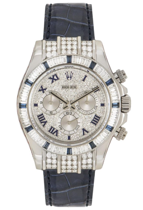 Rolex White Gold Daytona Watch - 40 MM - Pave Diamond Dial - Blue Leather Bracelet - Diamond Bezel - 11659912SA