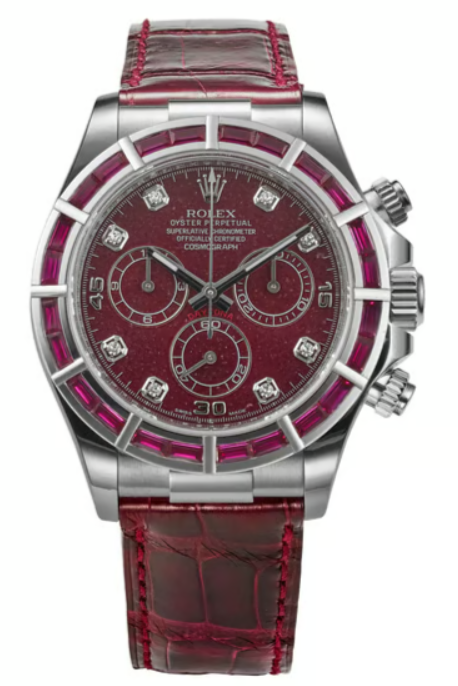 Rolex White Gold Daytona Watch - 40 MM - Ruby Diamond Dial - Ruby Leather Bracelet - Ruby Baguette Bezel - 116589SALV r