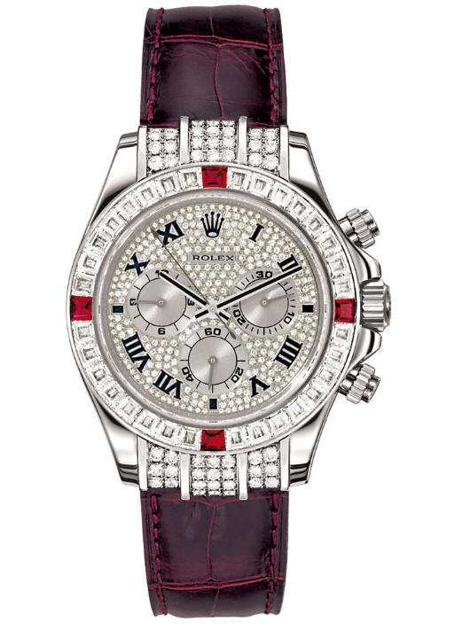 Rolex White Gold Daytona Watch - 40 MM - Ruby Leather Bracelet - Pave Diamond Dial - Ruby Diamond Bezel - 116599RU