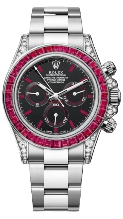 Rolex White Gold Daytona Watch  - 40 MM - White Gold Gold Bracelet - Black Dial - Ruby Bezel - 126599TRU
