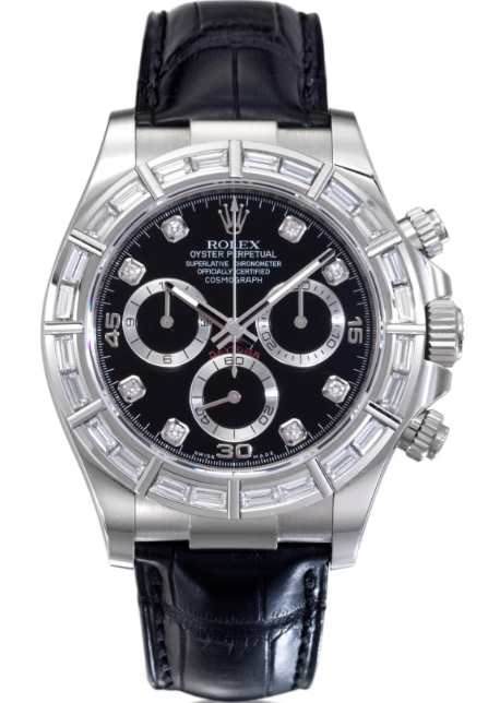 Rolex White Gold Daytona Watch - Off-Catalog - 40 MM - Black Diamond Dial - Black Leather Strap - Baguette Diamond Bezel - 116589BR