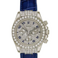 Rolex White Gold Daytona Watch - Off-Catalog - 40 MM - Pave Diamond Dial - Blue Leather Strap - Diamond Bezel - 116599RBR-0003
