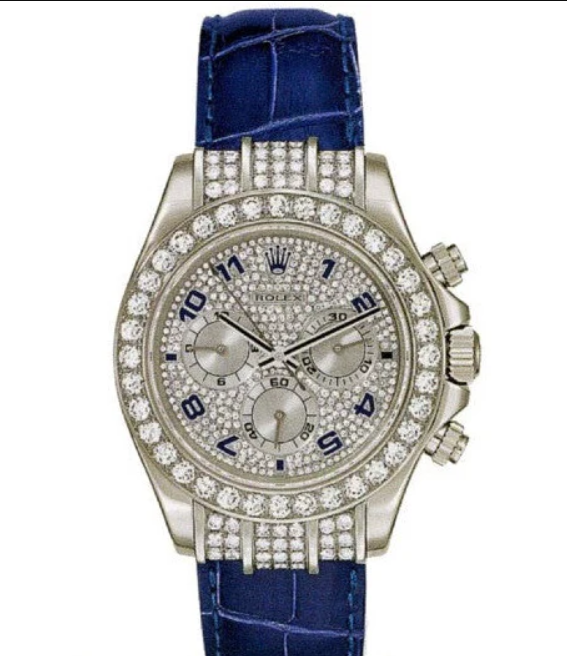 Rolex White Gold Daytona Watch - Off-Catalog - 40 MM - Pave Diamond Dial - Blue Leather Strap - Diamond Bezel - 116599RBR-0003