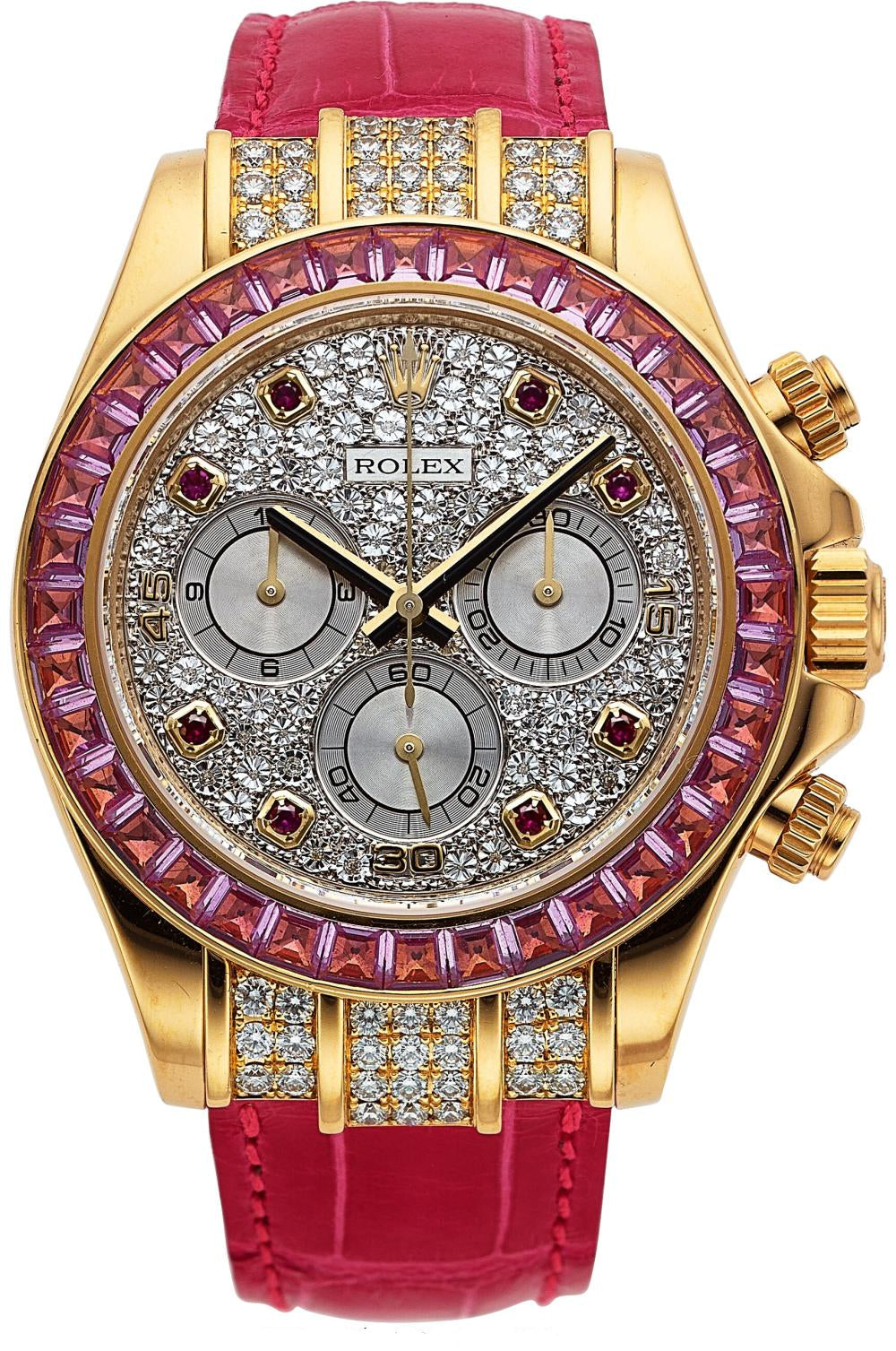 Rolex Yellow Gold Daytona Watch - 40 MM - Diamond Paved Dial - Pink Leather Bracelet - Pink Sapphire Bezel - 116598SARO