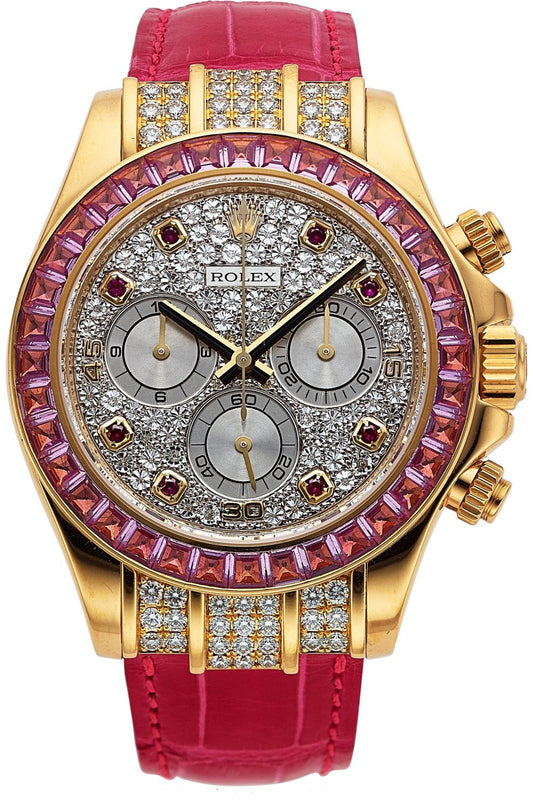 Rolex Yellow Gold Daytona Watch - 40 MM - Diamond Paved Dial - Pink Leather Bracelet - Pink Sapphire Bezel - 116598SARO