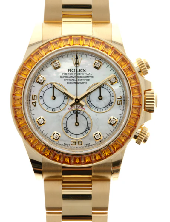 Rolex Yellow Gold Daytona Watch - 40 MM - Mother of Pearl Dial - Oyster Bracelet - Orange Sapphire Bezel - 116578SACO