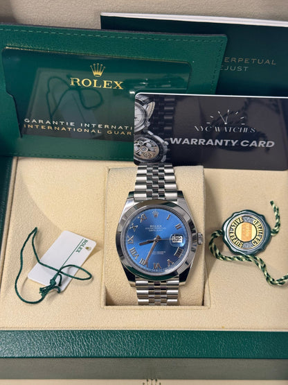 Rolex Stainless Steel Datejust 41 Date Watch - 41 MM - Jubilee Bracelet - Smooth Bezel - Blue Roman Dial - 126300-0018