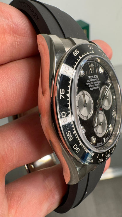 Rolex White Gold Cosmograph Daytona Watch - 40 MM - Oysterflex Strap - Black Ceramic Bezel - Black And Steel Diamond Dial - 126519LN-0004