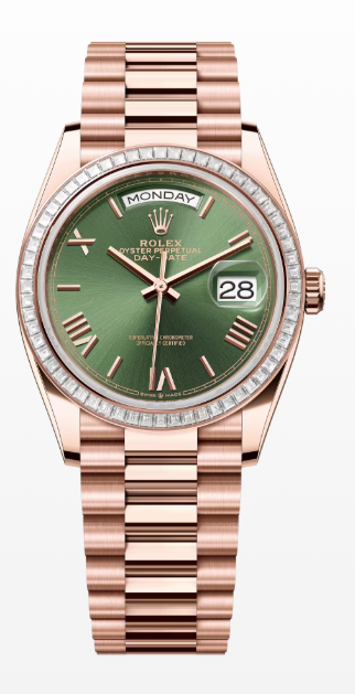 Rolex Day-Date - 36 MM - Rose Gold - Olive Green Dial - Diamond Bezel - President Bracelet - 128395TBR-0033