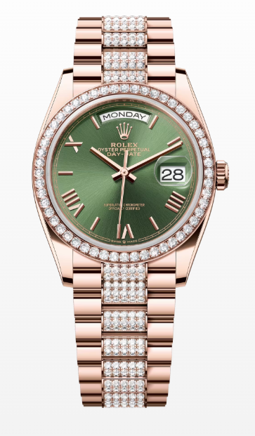 Rolex Day-Date - 36 MM - Rose Gold and Diamonds - Olive Green Dial - Diamond Bezel - President Bracelet - 128345RBR-0086