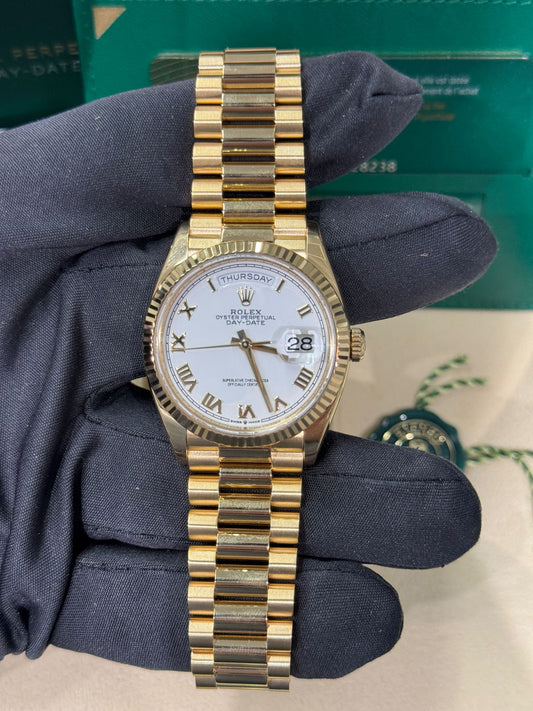 Rolex Day-Date - 36 MM - Yellow Gold - White Roman Dial - 128238 wrp