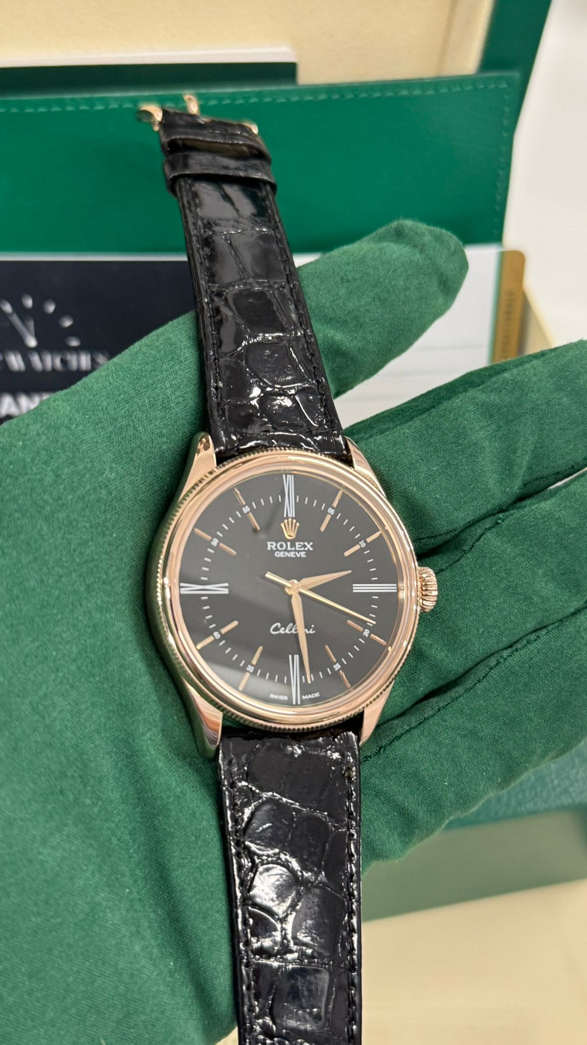 Rolex Everose Gold Cellini Date Watch - 39 MM - Leather Strap - Black Dial - 50505