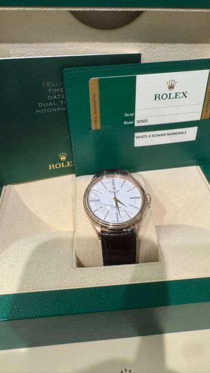 Rolex Everose Gold Cellini Date Watch - 39 MM - Leather Strap - White Dial - 50505 wbk