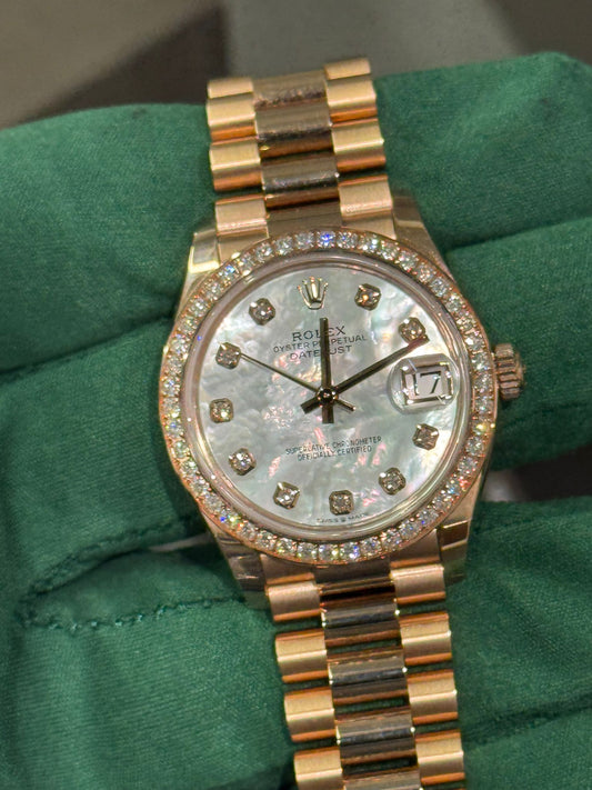 Rolex Everose Gold Datejust - 31 MM - President Bracelet - Diamond Bezel - Silver Diamond Dial - 278285RBR mdp