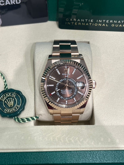Rolex Everose Gold Sky Dweller Watch - 42 MM - Oyster Bracelet - Fluted Ring Command Bezel - Chocolate Index Dial - 336935-0002