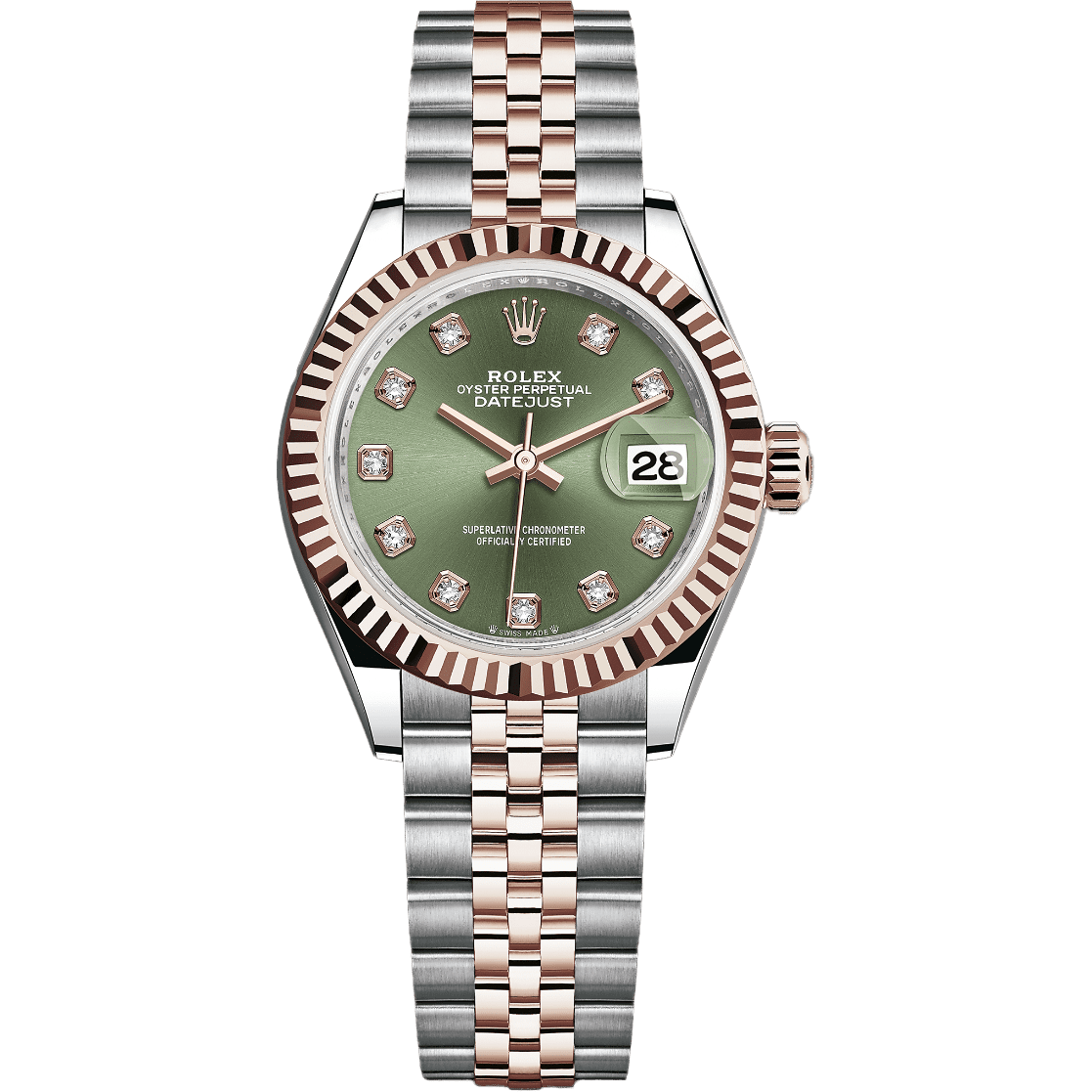 Rolex Lady-Datejust - 28 MM - Oystersteel and Rose Gold - Jubilee Bracelet - Fluted Bezel - Green Diamond Dial - 279171-0007