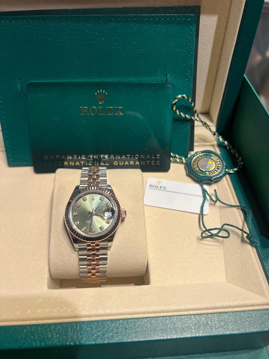 Rolex Lady-Datejust - 28 MM - Oystersteel and Rose Gold - Jubilee Bracelet - Fluted Bezel - Green Diamond Dial - 279171-0007