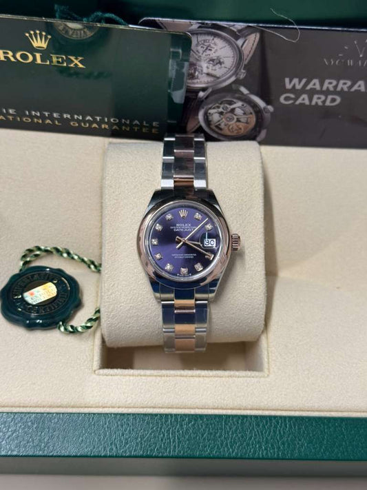 Rolex Lady-Datejust - 28 MM - Oystersteel and Rose Gold - Oyster Bracelet - Smooth Bezel - Purple Diamond Dial - 279161-0016