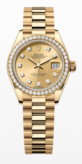 Rolex Lady-Datejust Yellow Gold- 28 MM - President Bracelet - Diamond Bezel - Champagne Diamond Dial - 279138RBR-0023