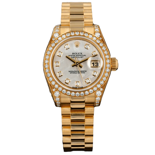 Rolex Lady-Datejust Yellow Gold - 26 MM - President Bracelet - Diamond Bezel - Meteorite Dial - 179158
