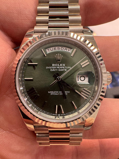 Rolex Presidential White Gold Day-Date 40MM - President Bracelet Watch - Olive Green Bevelled Roman Dial - 228239-0033