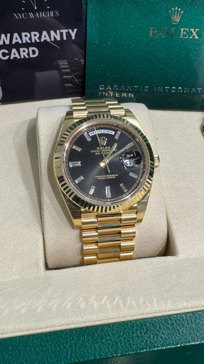Rolex Presidential Yellow Gold Day-Date 40MM - President Bracelet Watch - Black Baguette Diamond Dial - 228238-0004