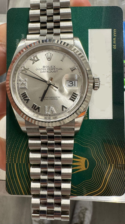 Rolex Stainless Steel And White Gold Datejust - 36 MM - Jubilee Bracelet - Fluted Bezel - Silver Diamond Dial - 126234-0029