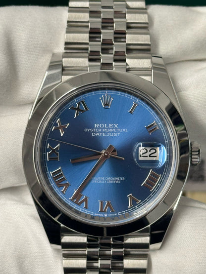 Rolex Stainless Steel Datejust 41 Date Watch - 41 MM - Jubilee Bracelet - Smooth Bezel - Blue Roman Dial - 126300-0018