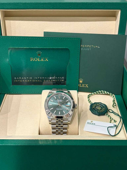 Rolex Stainless Steel Datejust 41 Date Watch - 41 MM - Jubilee Bracelet - Smooth Bezel - Mint Green Dial - 126300-0020